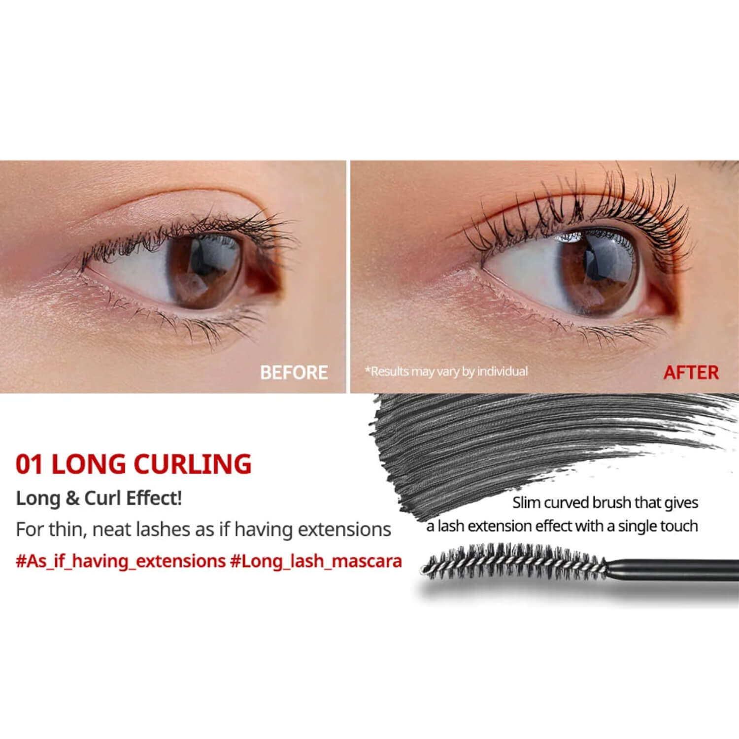 image showing before and after result of using korean waterproof clio mascara for her available at Heygirl.pk for delivery in Pakistan