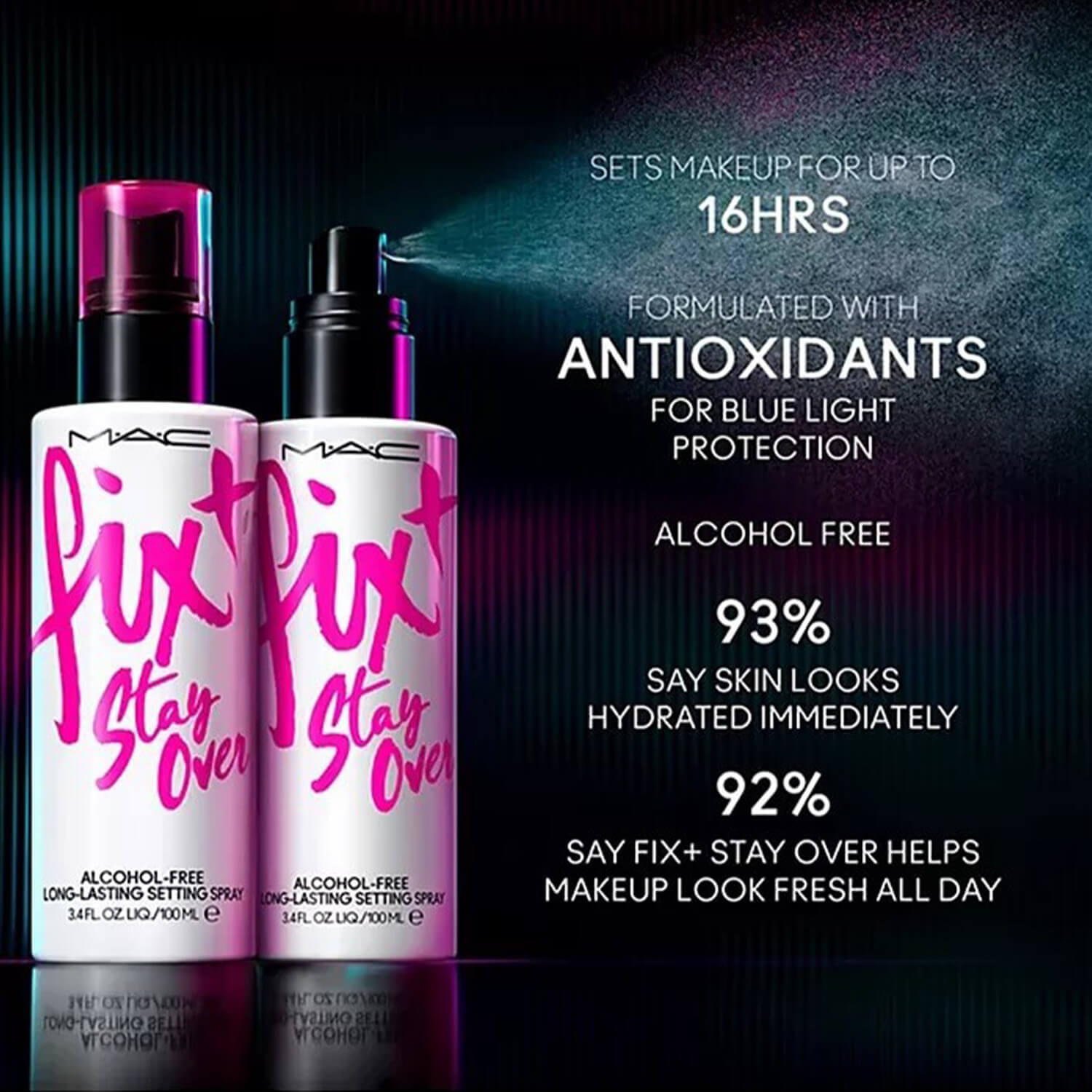 image showing benefits of using MAC Cosmetics Fix Setting Spray for her available at Heygirl.pk for delivery in Pakistan.