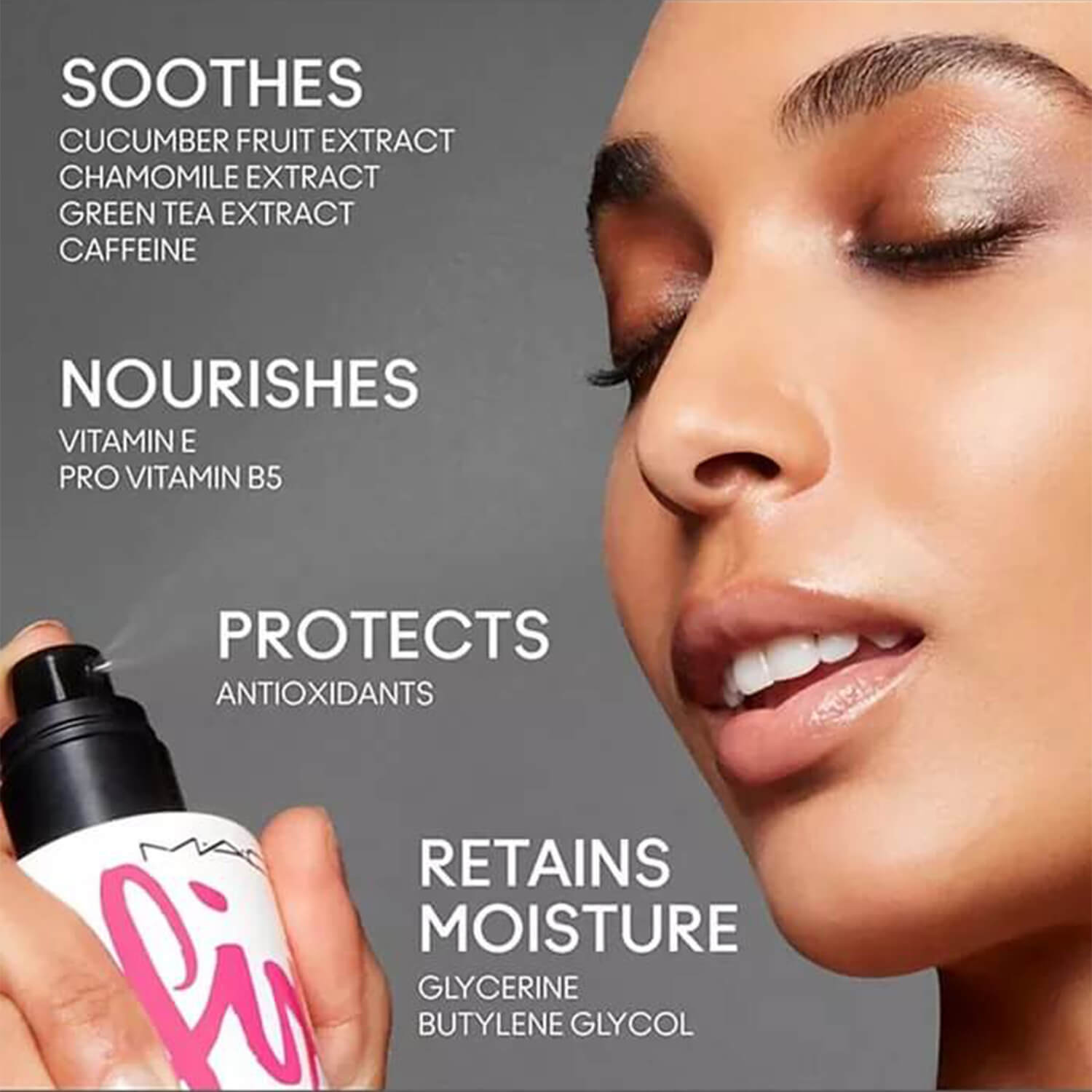 image showing benefits of using MAC Cosmetics Fix Setting Spray for her available at Heygirl.pk for delivery in Pakistan.