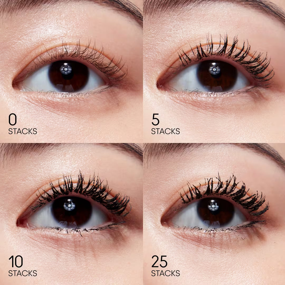 Comparison of false eyelashes applied with different stack counts on a person's eye.