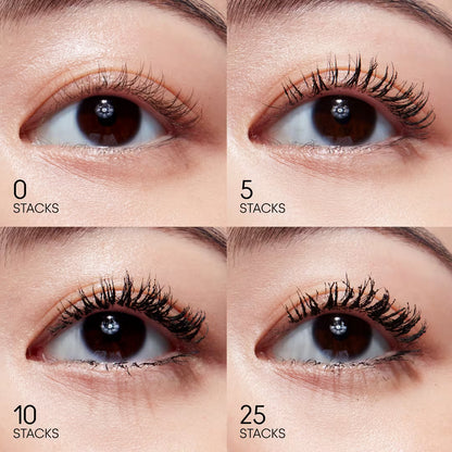 Comparison of false eyelashes applied with different stack counts on a person's eye.