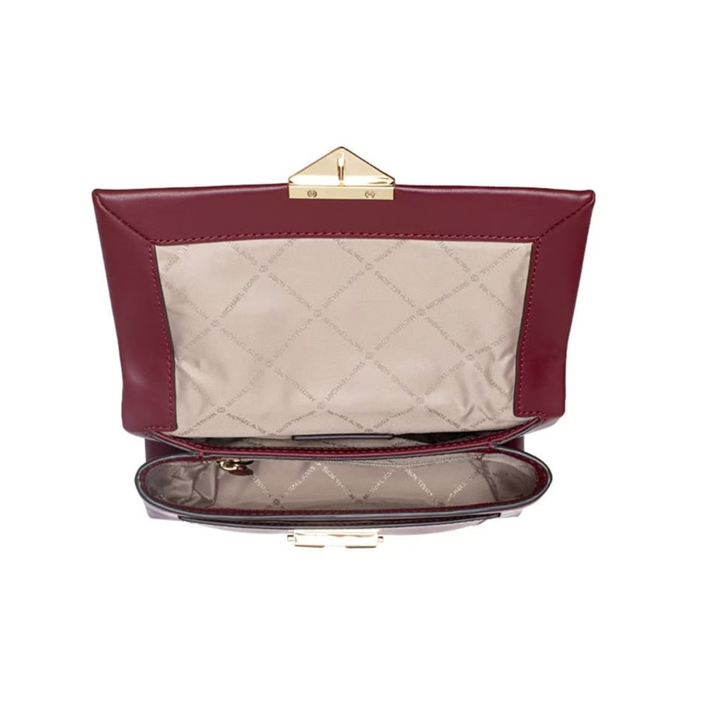 Maroon handbag with gold clasp on a white background