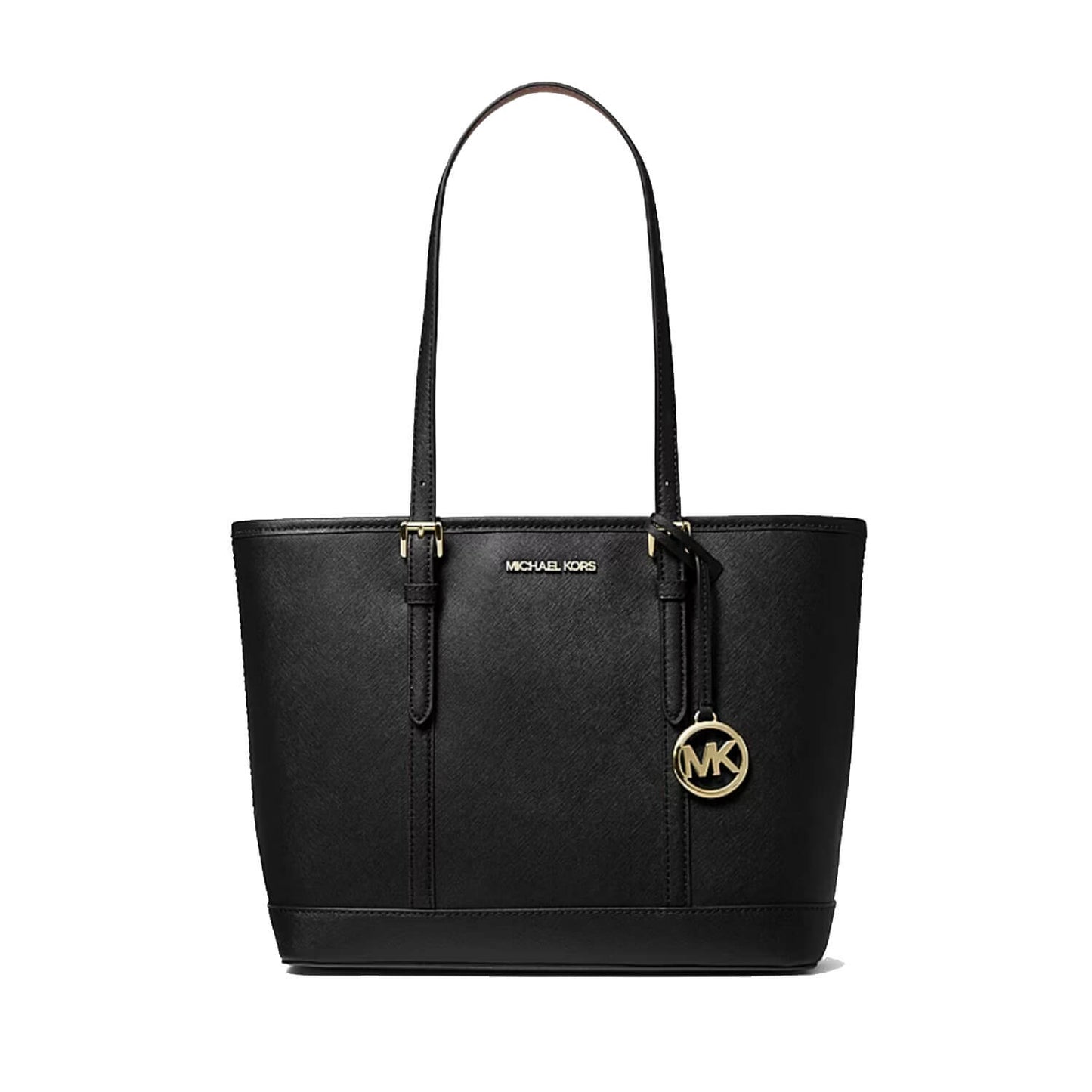 100% original black Michael Kors leather tote bag with gold-tone hardware, featuring a top handle, vertical stitched details, and the signature circular MK logo charm available at Heygirl.pk in Pakistan