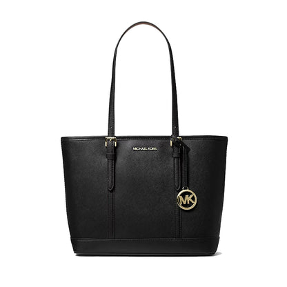 100% original black Michael Kors leather tote bag with gold-tone hardware, featuring a top handle, vertical stitched details, and the signature circular MK logo charm available at Heygirl.pk in Pakistan