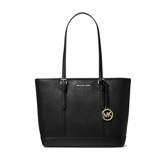 100% original black Michael Kors leather tote bag with gold-tone hardware, featuring a top handle, vertical stitched details, and the signature circular MK logo charm available at Heygirl.pk in Pakistan
