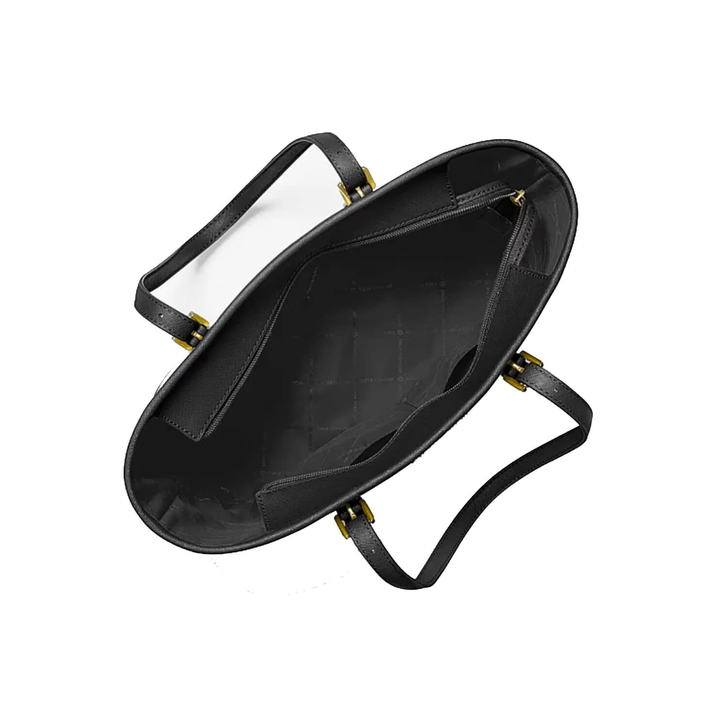 Black leather handbag shown from an overhead angle, displaying its spacious interior, quilted black lining, and gold-tone hardware on a solid white background.