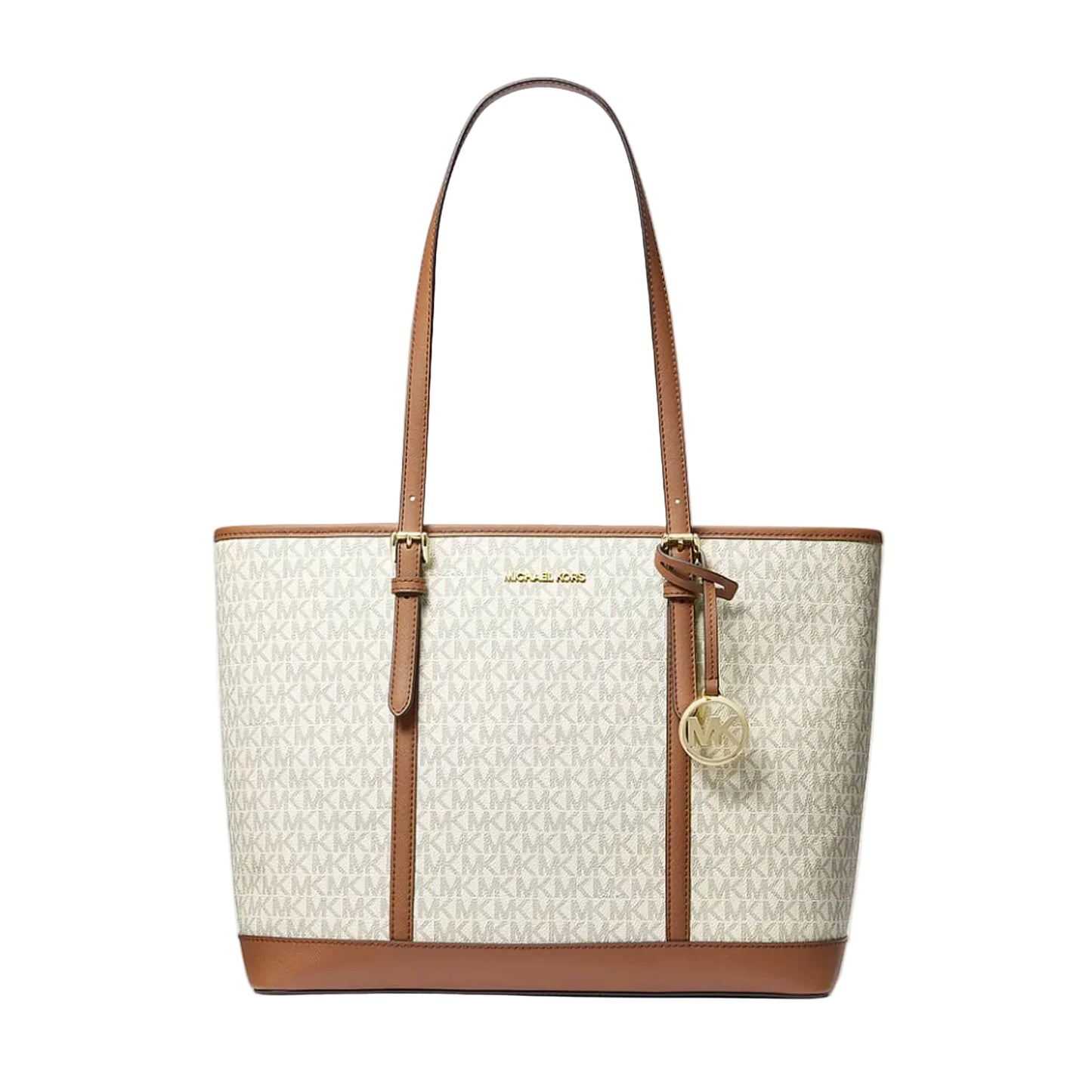 100% original Michael Kors tote bag in cream monogram canvas with brown leather trim, double shoulder straps, and a hanging gold-tone MK charm available at Heygirl.pk in Pakistan
