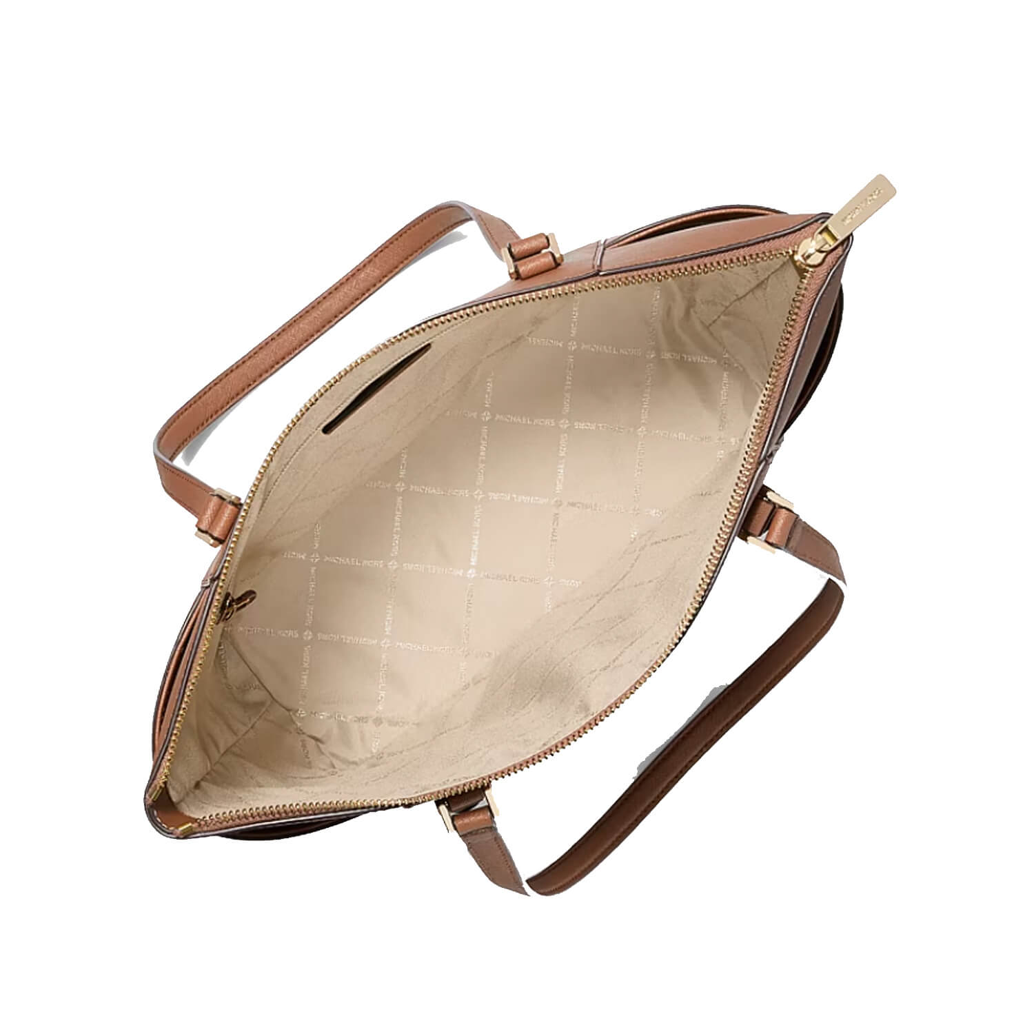An open brown leather handbag shown from above, revealing a beige quilted interior lining and a matching brown shoulder strap on a plain white background.