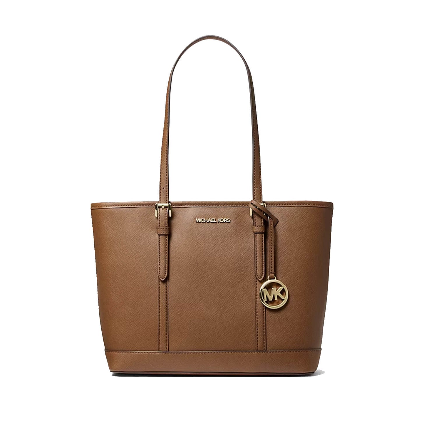 A brown Michael Kors leather tote bag with gold-tone hardware, featuring a top handle, a hanging MK logo charm, and the Michael Kors logo embossed on the front, set against a plain white background.