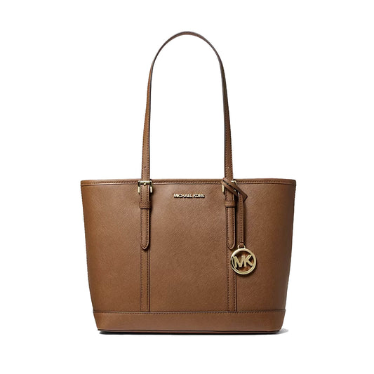 A brown Michael Kors leather tote bag with gold-tone hardware, featuring a top handle, a hanging MK logo charm, and the Michael Kors logo embossed on the front, set against a plain white background.