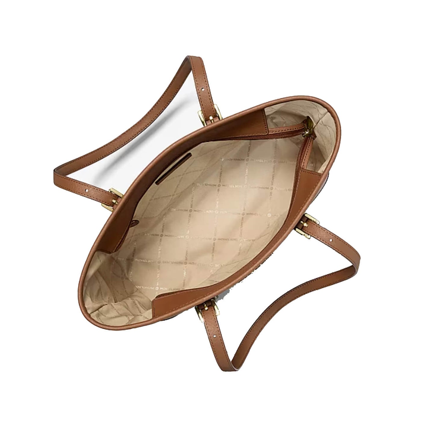 An overhead view of a brown leather tote bag with a quilted beige interior lining, shown on a solid white background.