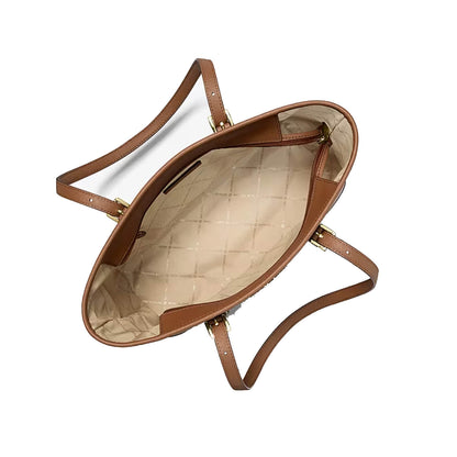 An overhead view of a brown leather tote bag with a quilted beige interior lining, shown on a solid white background.