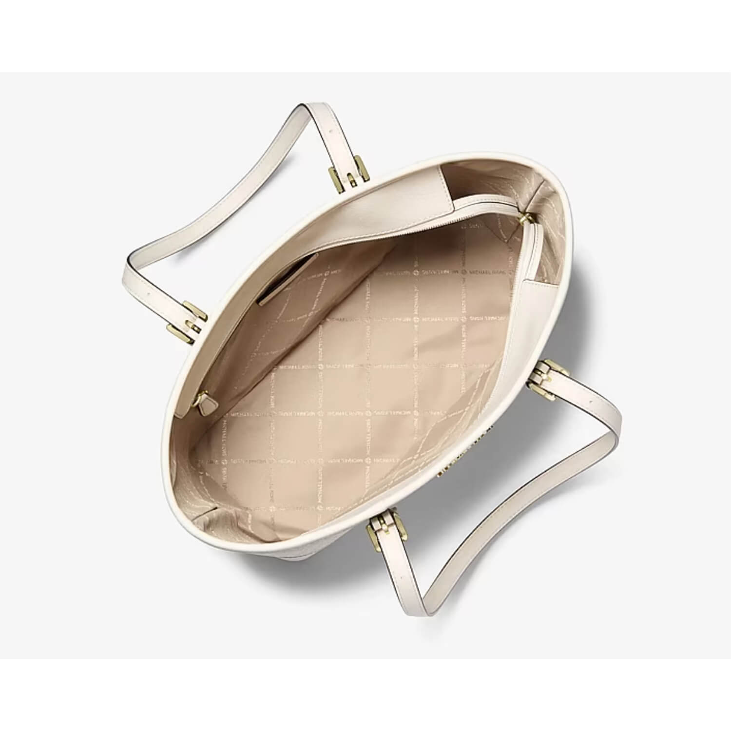 An overhead view of a structured handbag with a cream-colored exterior and a beige quilted interior lining, featuring gold-tone hardware and a matching shoulder strap.