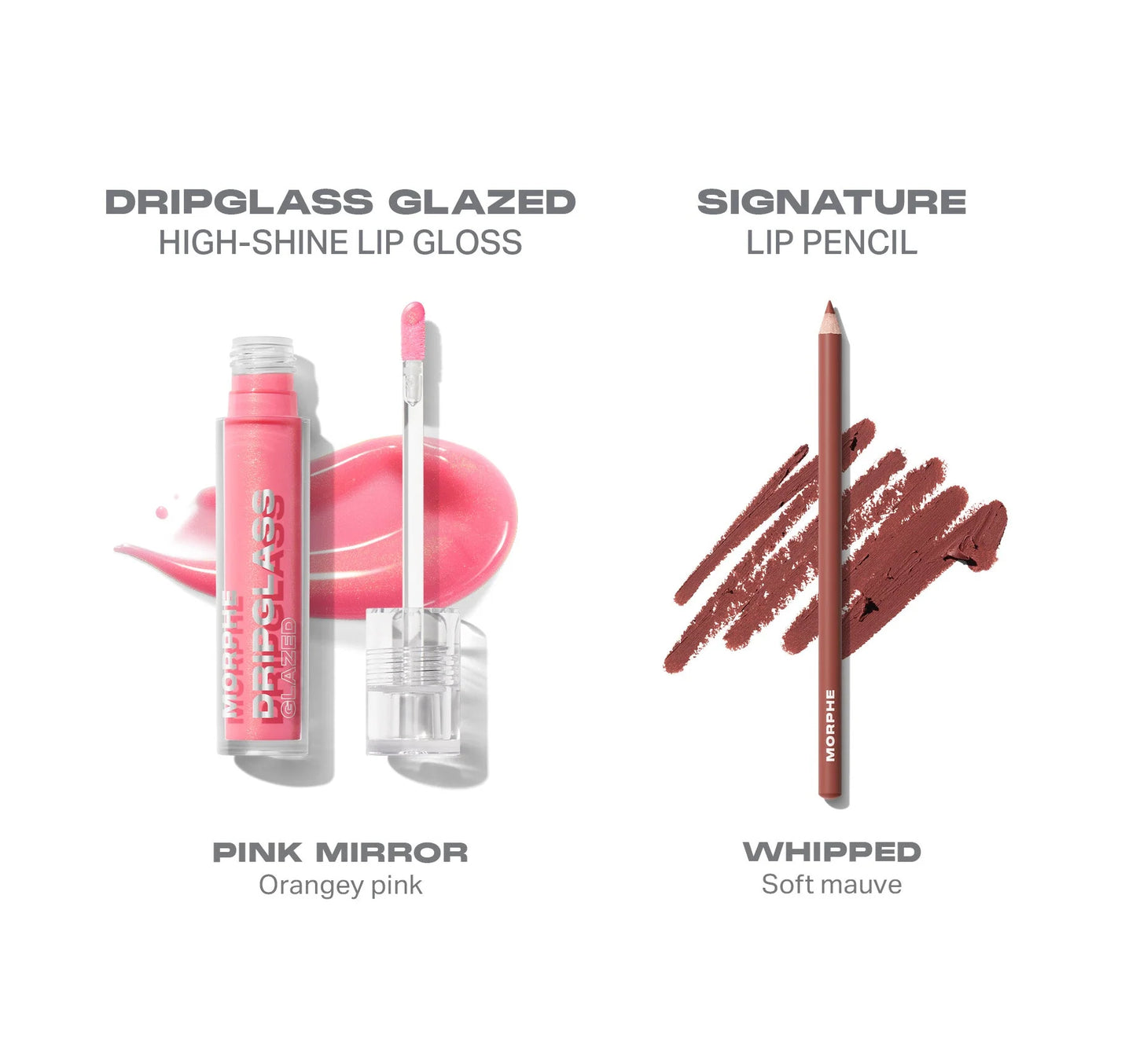 Lip gloss and lip pencil with color swatches on a white background