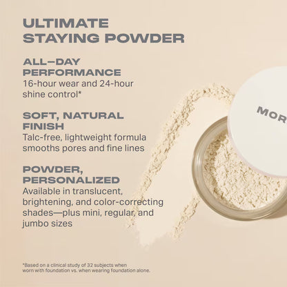Advertisement for Morphe Ultimate Staying Powder with product and text on a beige background