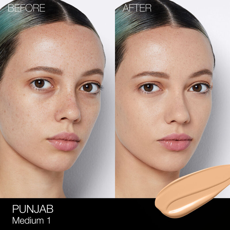 image showing before and after of NARS light reflecting foundation for her available at Heygirl.pk for delivery in Pakistan