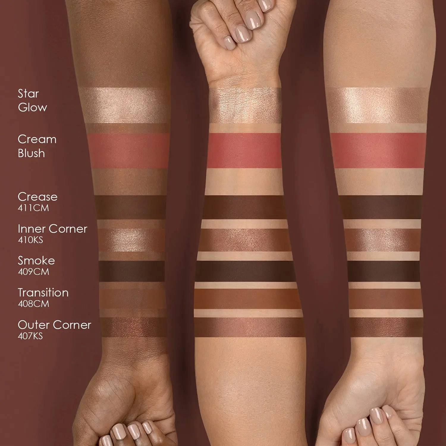 Color swatches on a person's arm with labeled shades against a dark background