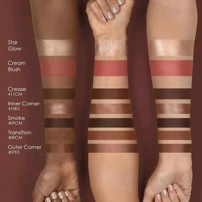 Color swatches on a person's arm with labeled shades against a dark background