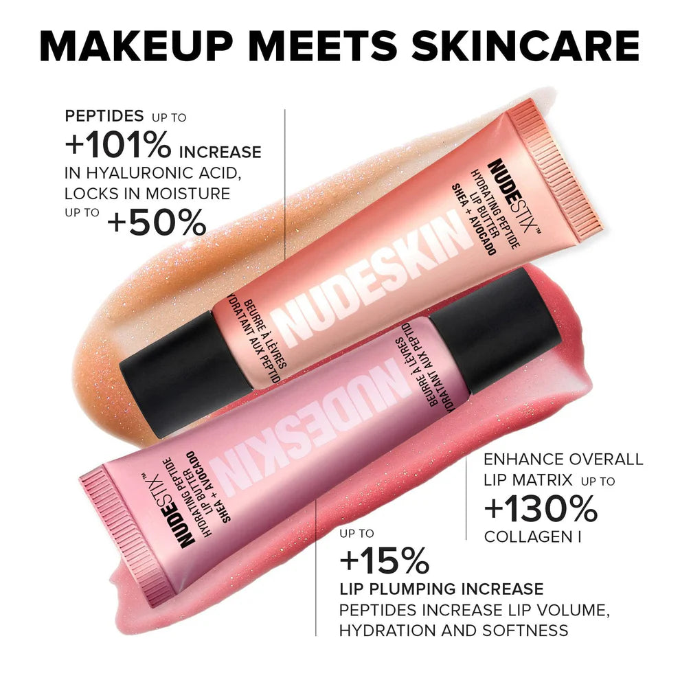 Two tubes of Nudestix lip balm with text highlighting skincare benefits on a white background