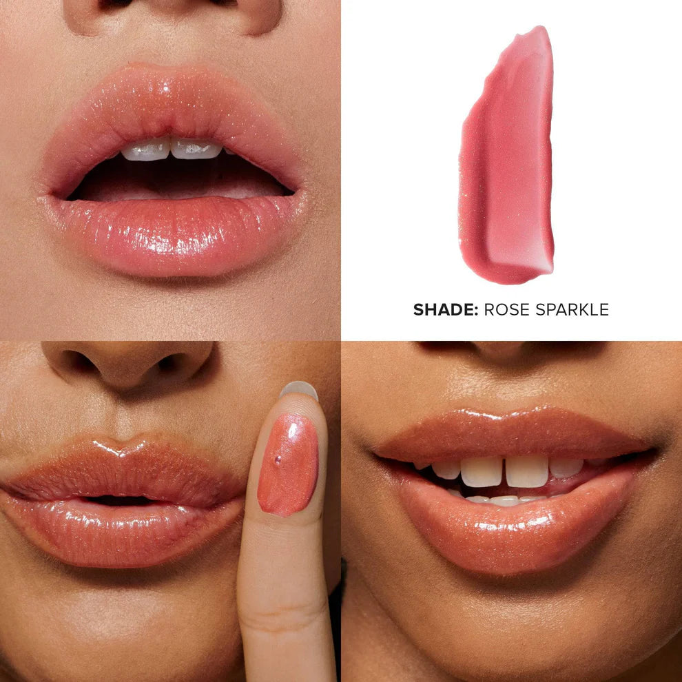 Lipstick shade 'Rose Sparkle' applied to lips with close-up of color swatch.