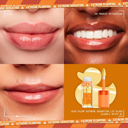 Before and after comparison of lips with nyx extreme plumping lip gloss on an orange background.