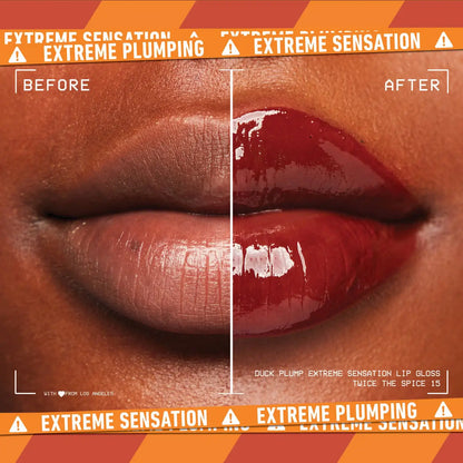Before and after comparison of lips with extreme plumping lip gloss on an orange background.