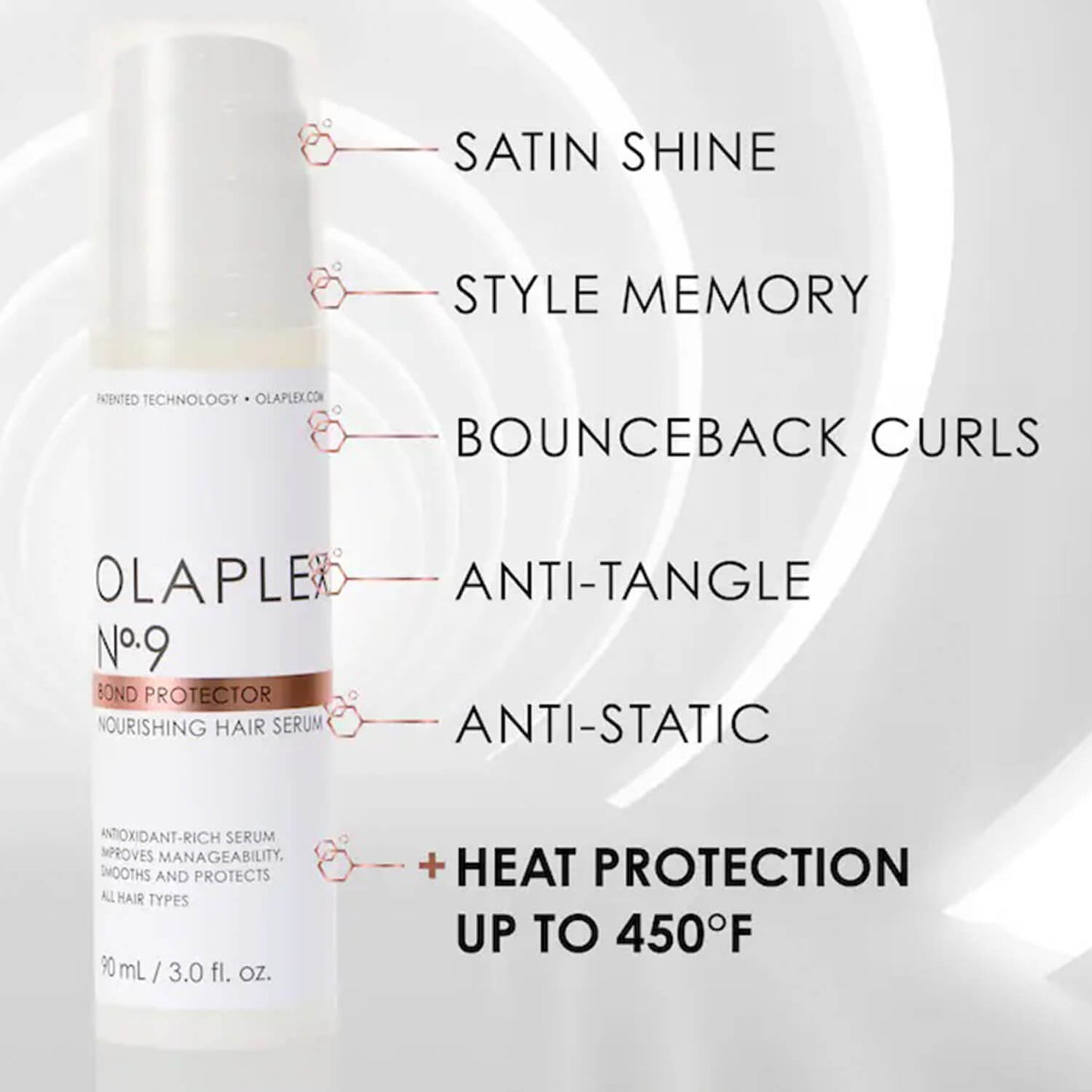 image showing benefits of using Olaplex's best seller No 9 nourishing hair serum for damaged and dry hair available at Heygirl.pk for delivery in Pakistan. 