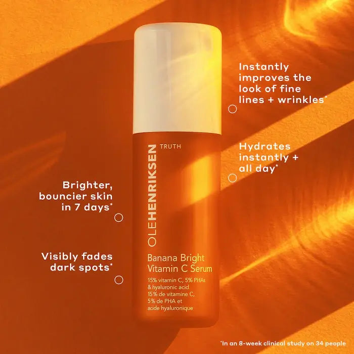 image showing benefits of using Olehenriksen Bright Vitamin C Dark Spot Serum for skin brightness available at Heygirl.pk for delivery in Pakistan