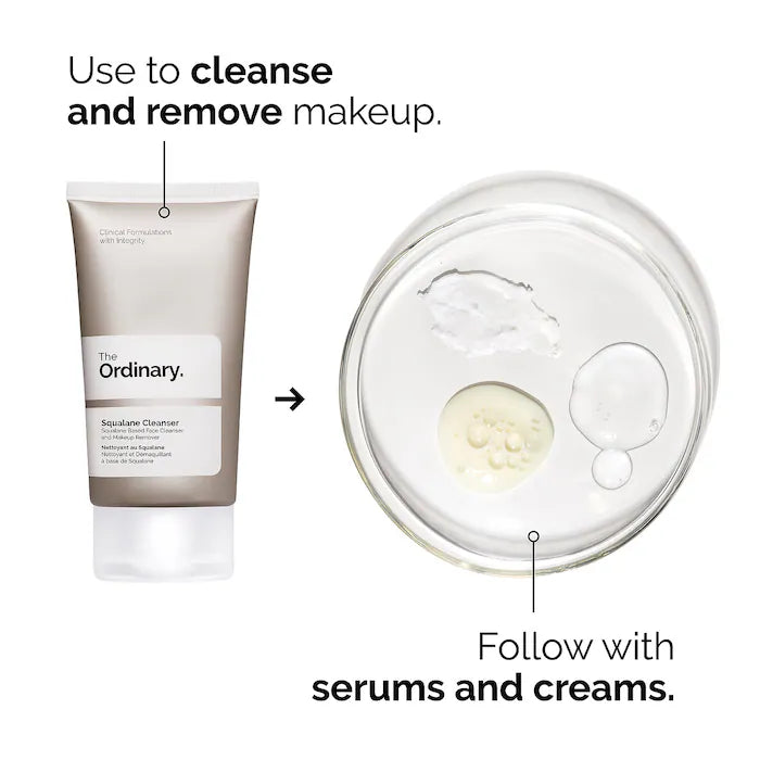 image showing how to use ordinary squalane cleanser to remove makeup and facial impurities available at Heygirl.pk for delivery in Pakistan