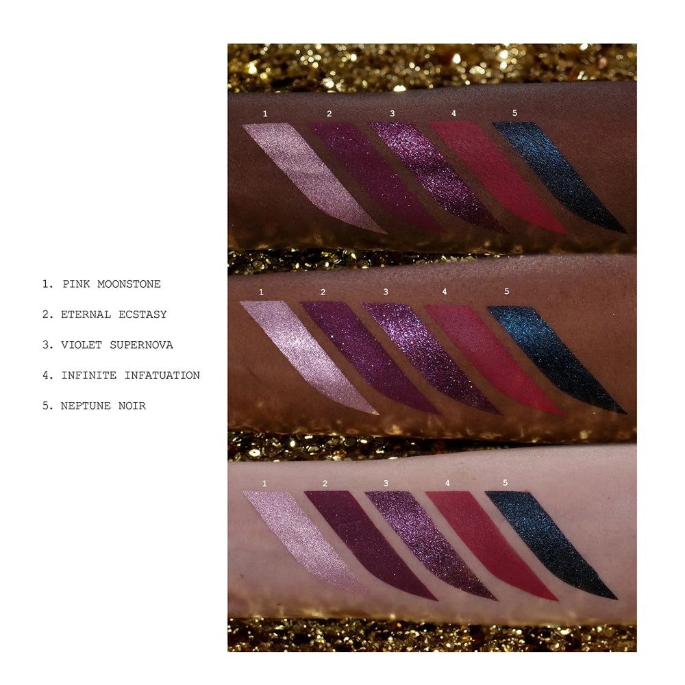 Color swatches of glittery eyeshadow on a gold glitter background