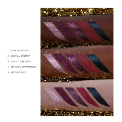 Color swatches of glittery eyeshadow on a gold glitter background