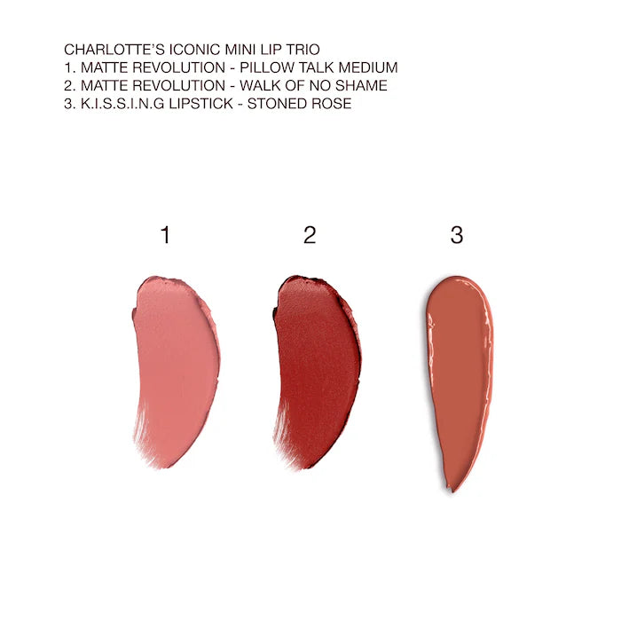 image showing swatch of Charlotte Tilbury Iconic Mini Lip Trio for her available at Heygirl.pk for delivery in Pakistan