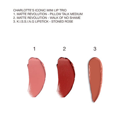 image showing swatch of Charlotte Tilbury Iconic Mini Lip Trio for her available at Heygirl.pk for delivery in Pakistan