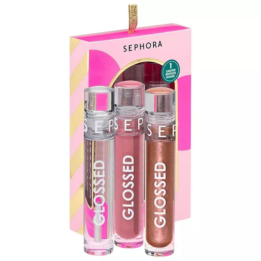 Sephora Glossed Lip Color Trio in a pink gift box containing pink, mauve, and shimmery rose gold lip colors available at Heygirl.pk in Pakistan