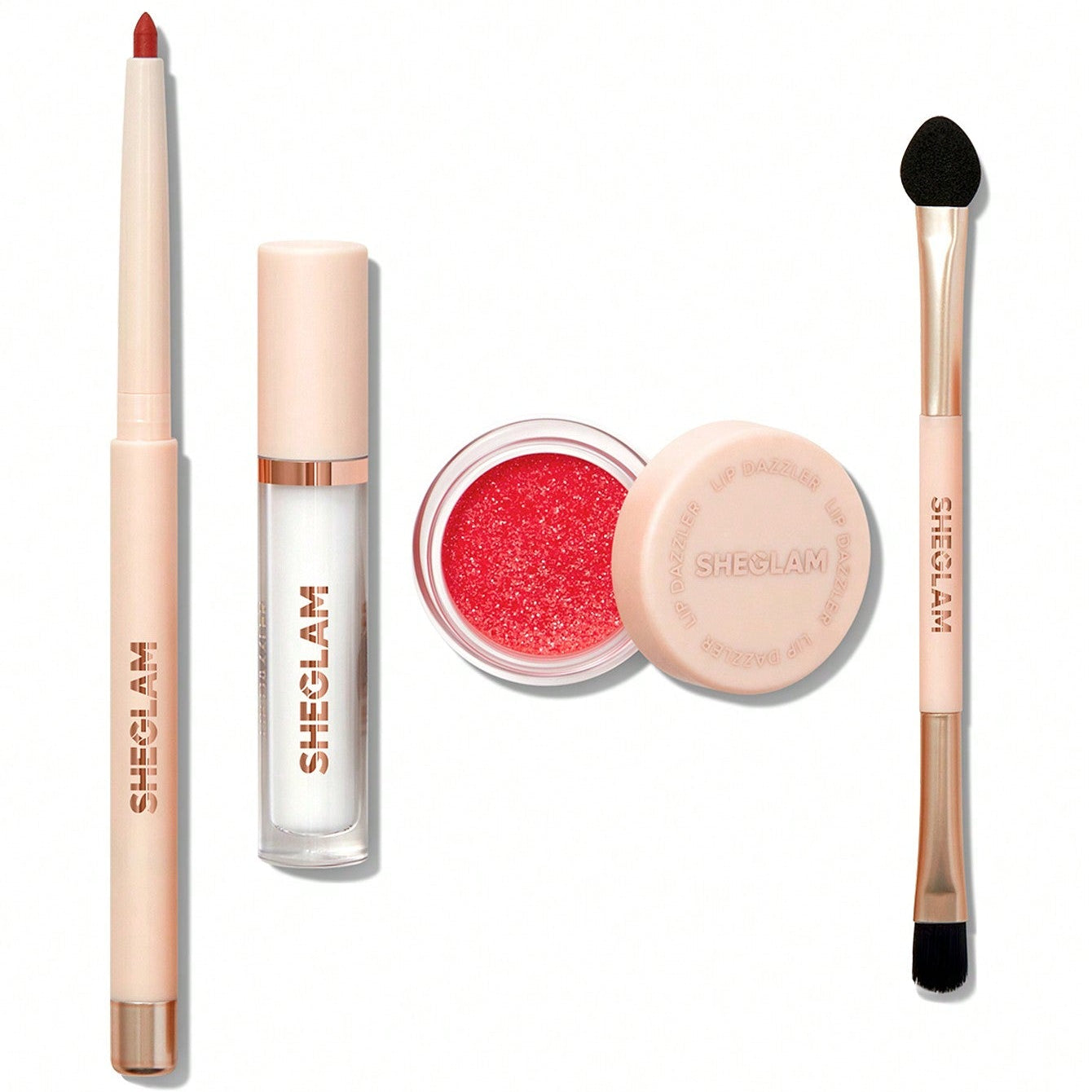 Sheglam makeup products including a lip liner, lip gloss, blush, and brush available at Heygirl.pk in Pakistan