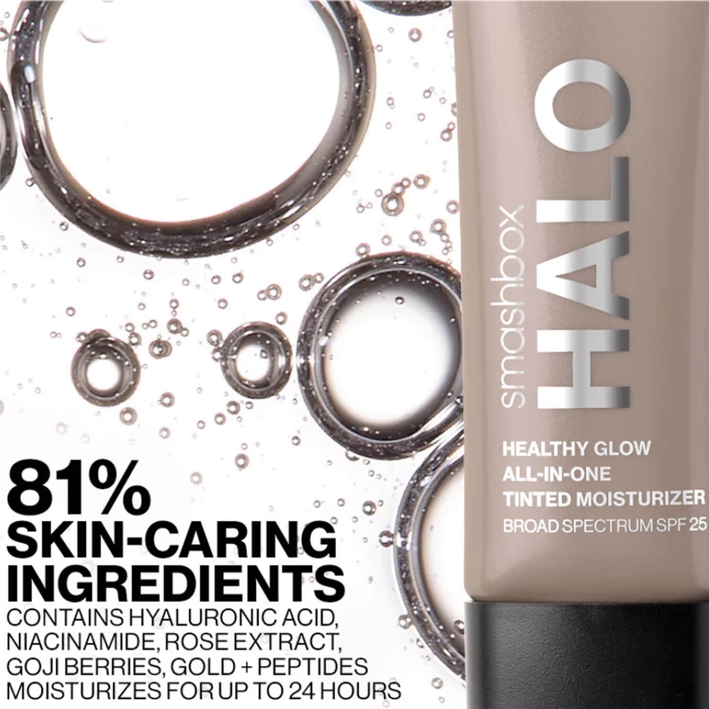 image showing ingredients of Smashbox Halo Glow Tinted Moisturizer Foundation with SPF 25 and Hyaluronic Acid available at Heygirl.pk for delivery in Pakistan.