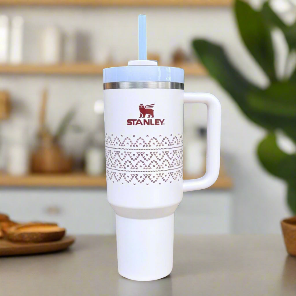 White Stanley mug with a snowflake pattern available at Heygirl.pk for delivery in Pakistan