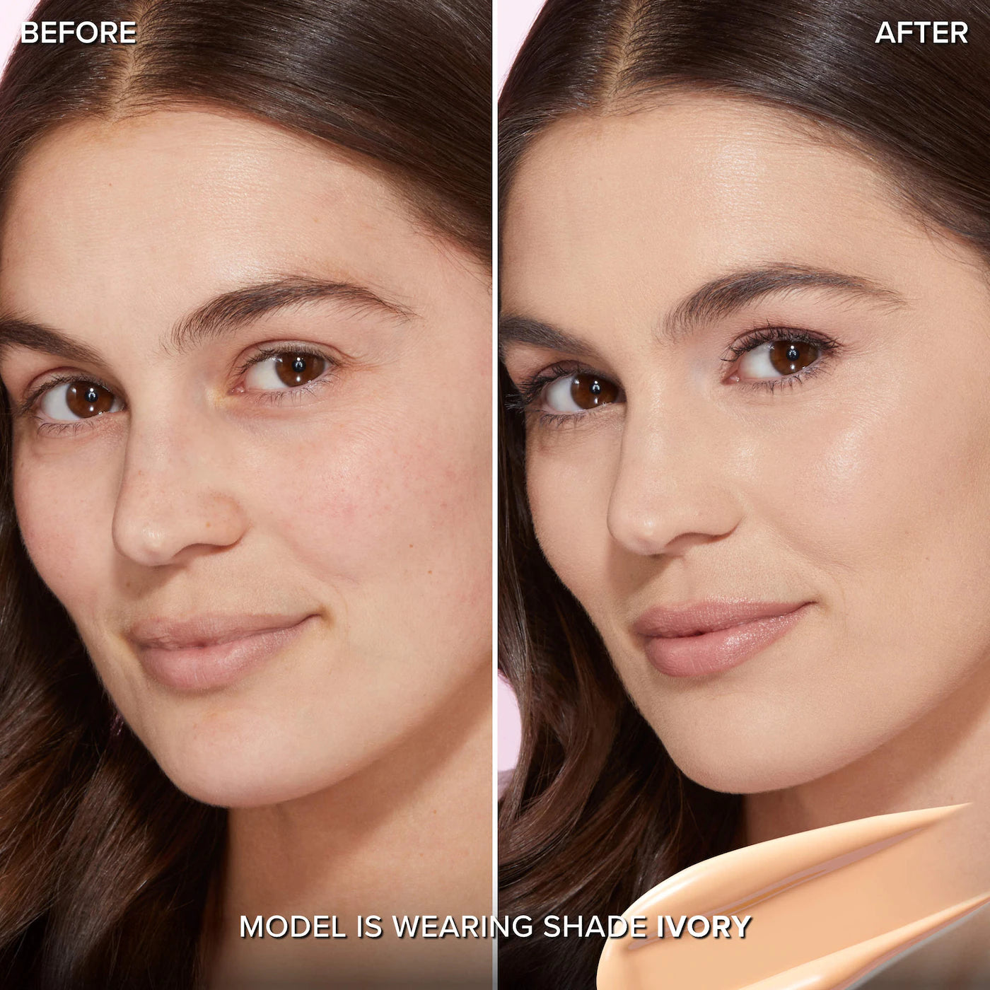 Before and after comparison of a woman's face wearing too faced foundation shade ivory available at Heygirl.pk for delivery in Pakistan