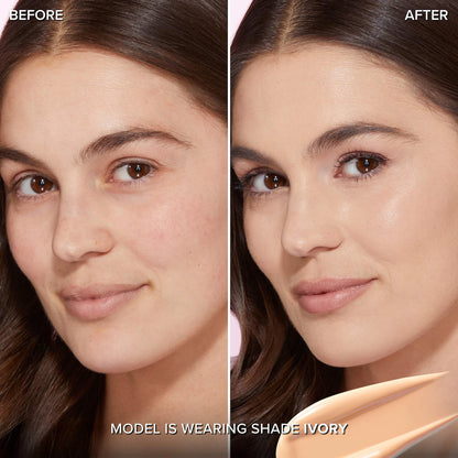 Before and after comparison of a woman's face wearing too faced foundation shade ivory available at Heygirl.pk for delivery in Pakistan