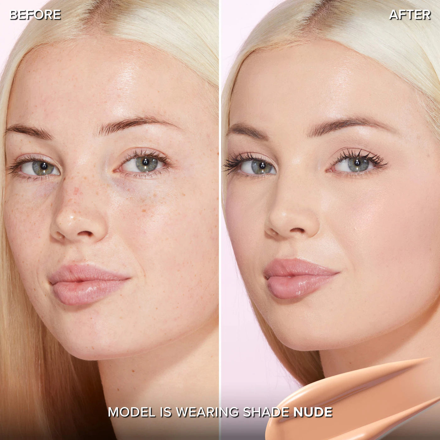 Before and after comparison of a woman's face wearing too faced foundation shade nude available at Heygirl.pk for delivery in Pakistan