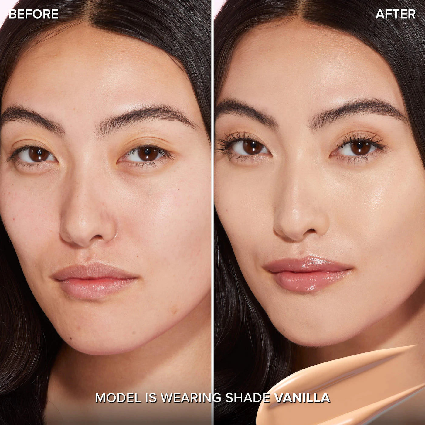 Before and after comparison of a woman's face wearing too faced foundation shade vanilla available at Heygirl.pk for delivery in Pakistan