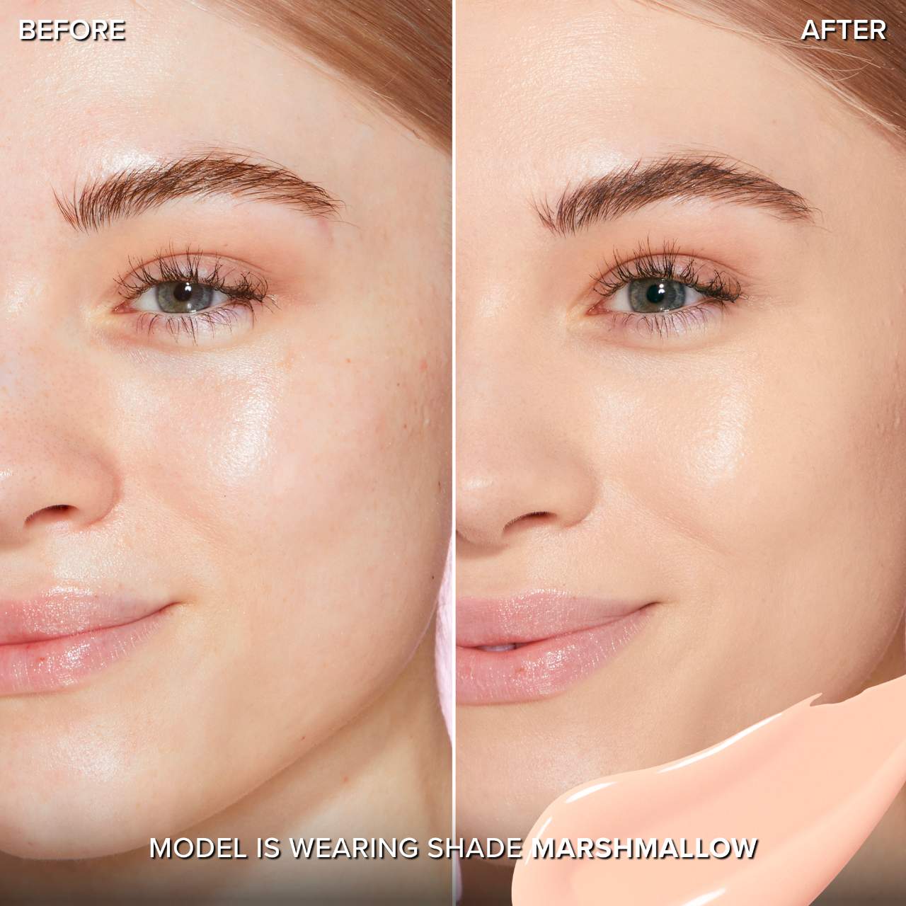 Before and after comparison of a model wearing Too Faced Born This Way Super Coverage Concealer marshmallow shade available at Heygirl.pk for delivery in Pakistan