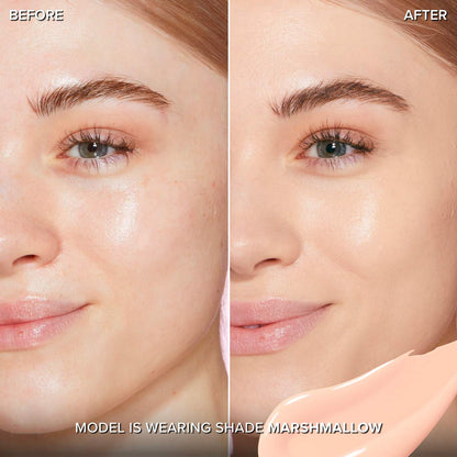 Before and after comparison of a model wearing Too Faced Born This Way Super Coverage Concealer marshmallow shade available at Heygirl.pk for delivery in Pakistan