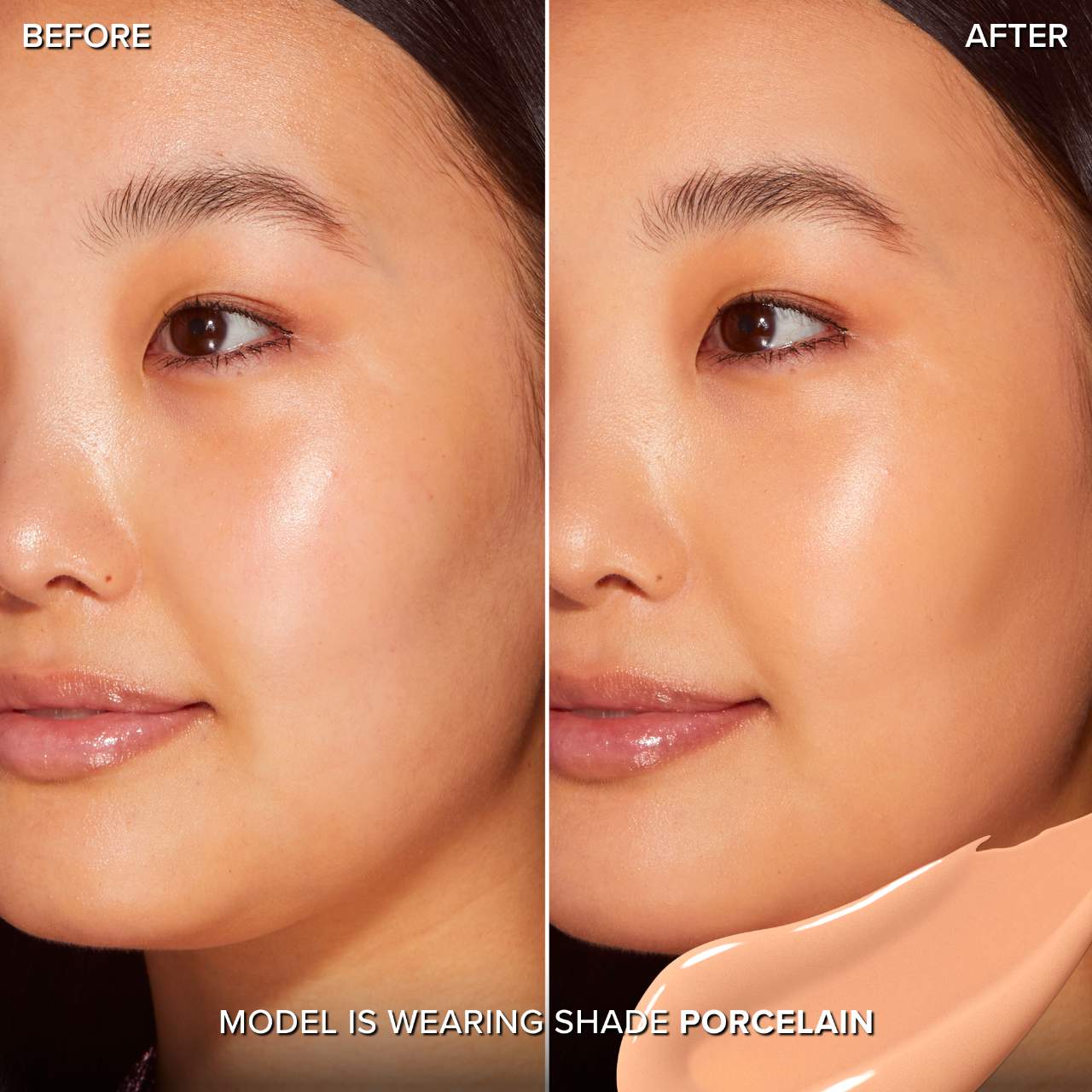 Before and after comparison of a model wearing Too Faced Born This Way Super Coverage Concealer porcelain shade available at Heygirl.pk for delivery in Pakistan