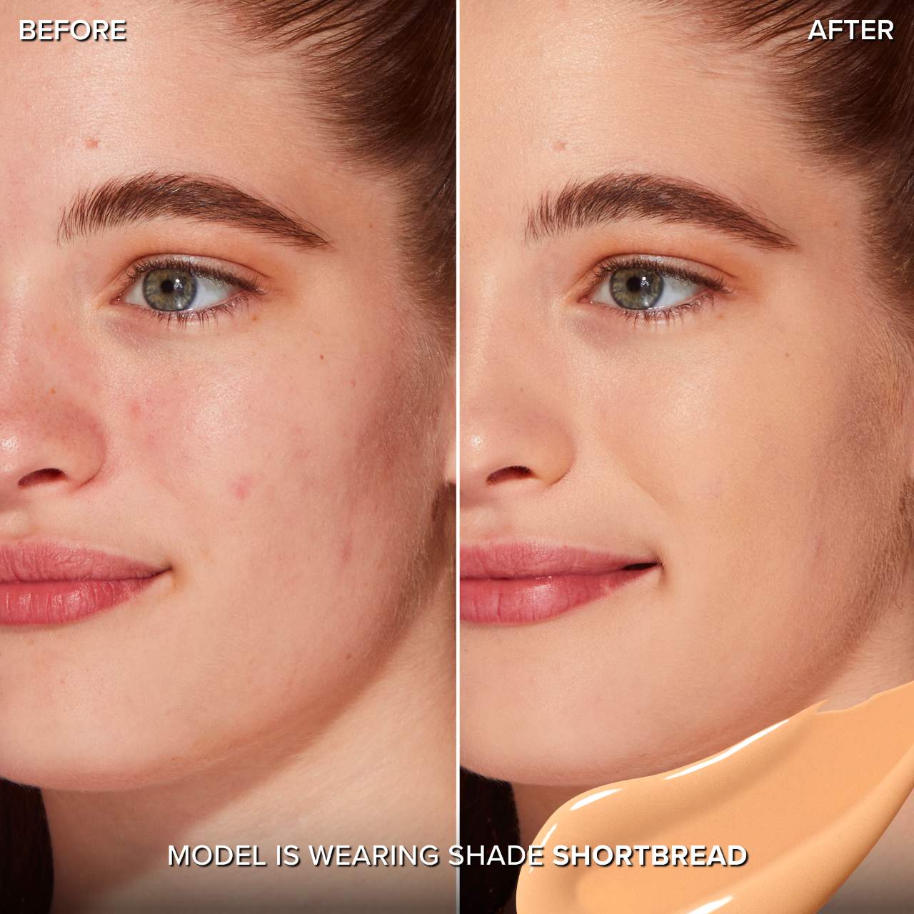 Before and after comparison of a model wearing Too Faced Born This Way Super Coverage Concealer shortbread shade available at Heygirl.pk for delivery in Pakistan