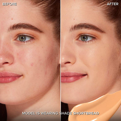 Before and after comparison of a model wearing Too Faced Born This Way Super Coverage Concealer shortbread shade available at Heygirl.pk for delivery in Pakistan
