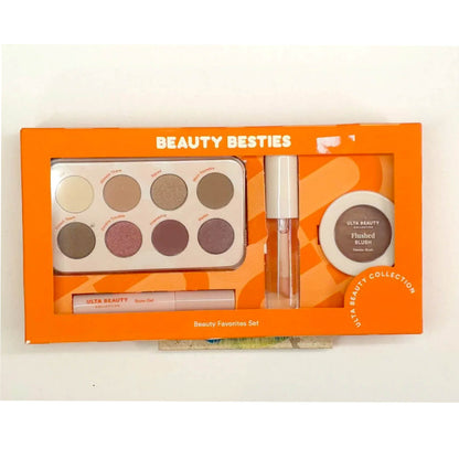 Ulta Beauty Besties Beauty Favorites Set in its orange packaging, containing a 9-shade eyeshadow palette, a lip gloss, and a flushed blush compact.