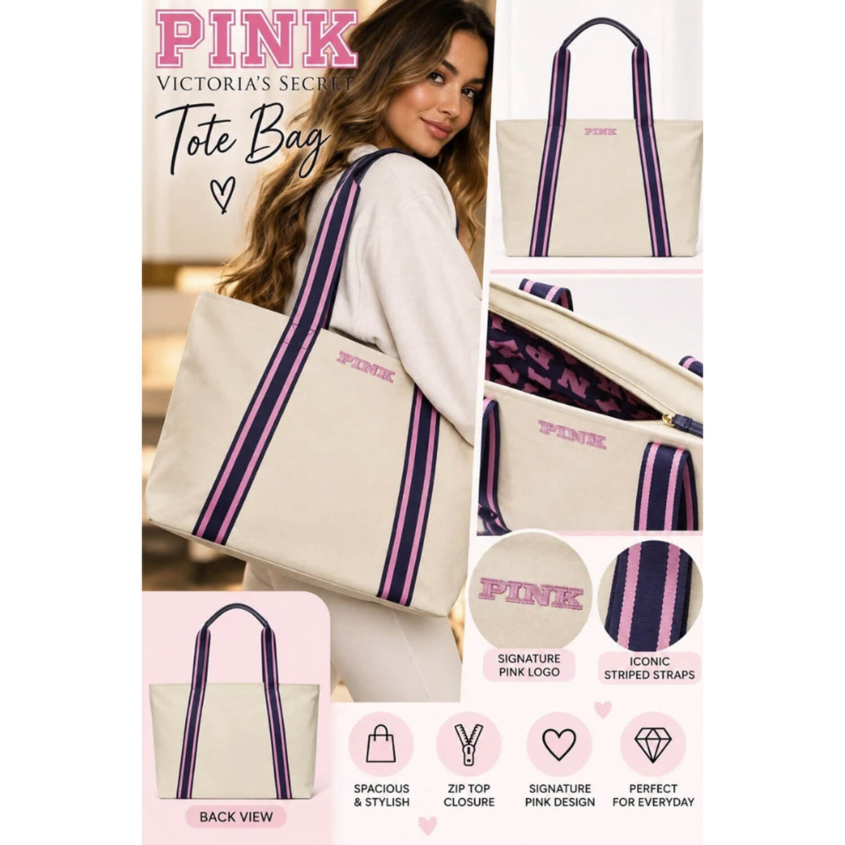 image showing all the aspects of 100% original victoria's secret pink cream tote bag for her in Pakistan