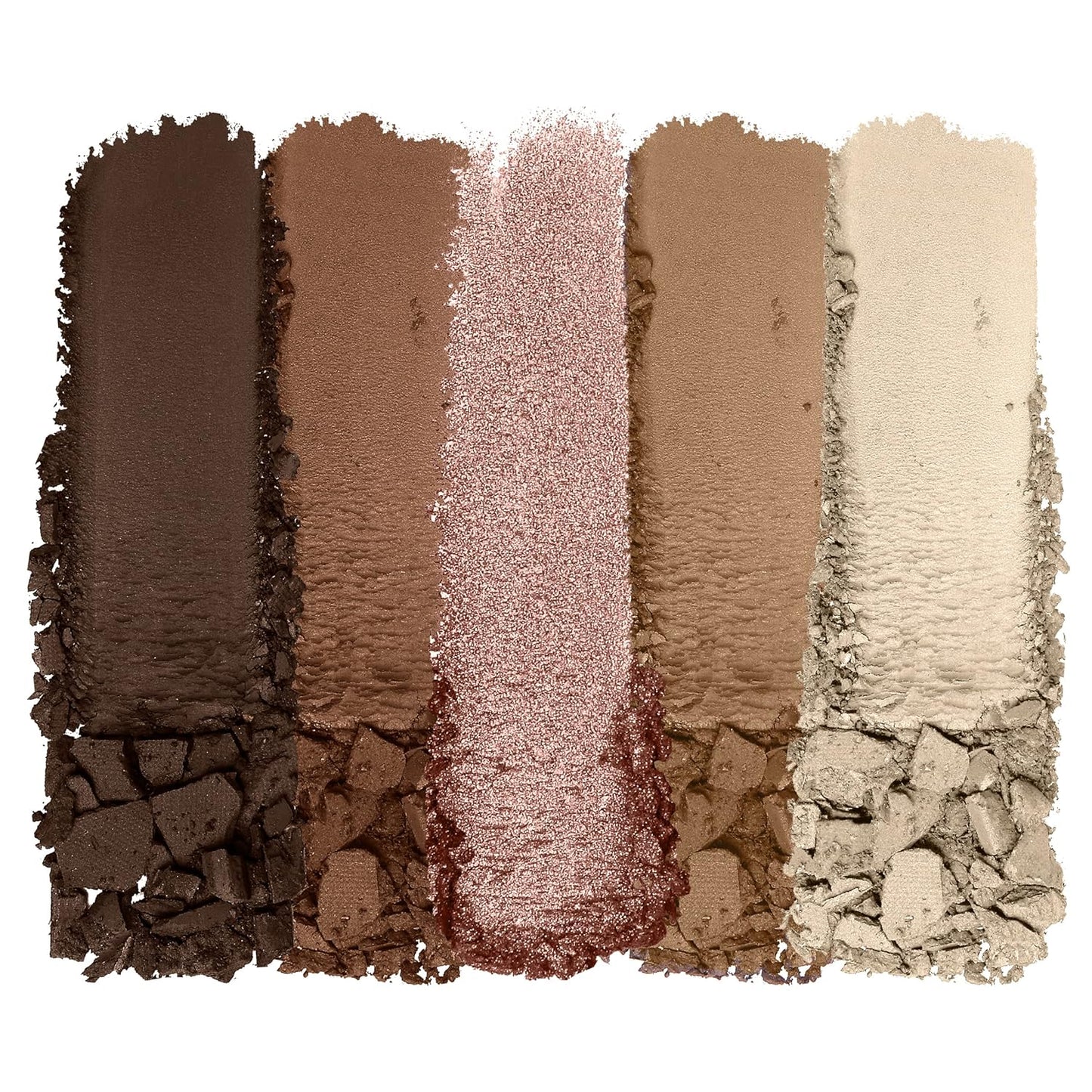 Set of five eyeshadow swatches in brown, pink, and beige shades on a white background