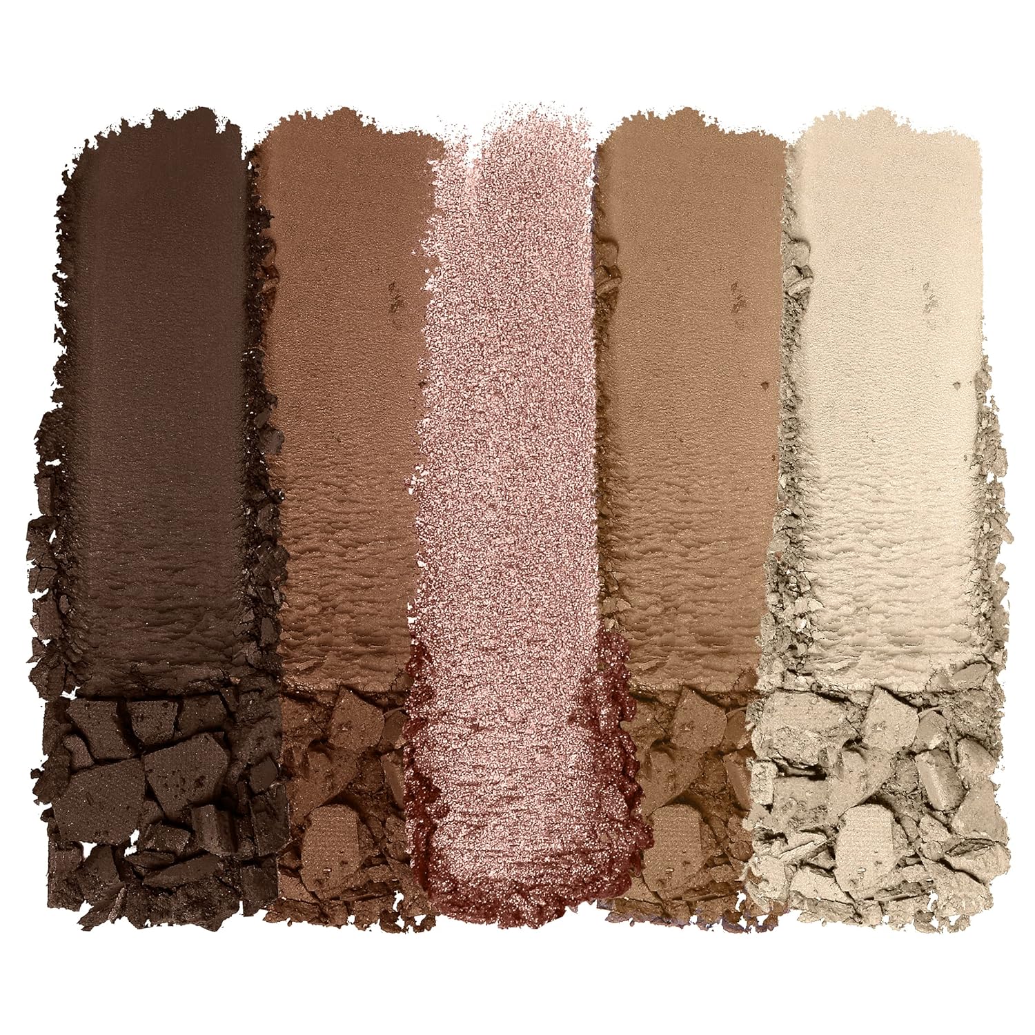 Set of five eyeshadow swatches in brown, pink, and beige shades on a white background